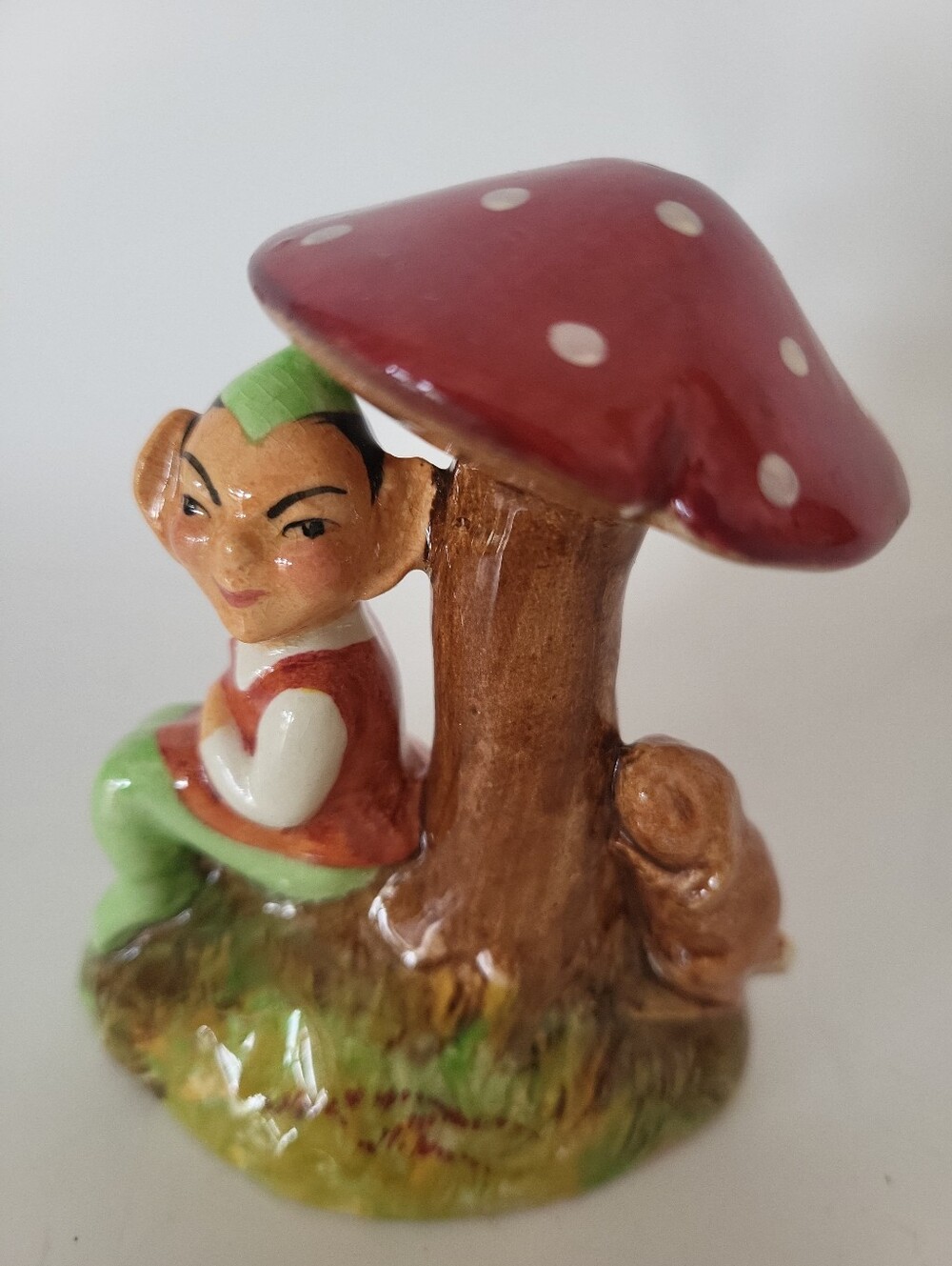 Vintage Staffordshire Morlory Porcelain PIXIE Gnome Sitting Under TOADSTOOL Elf
